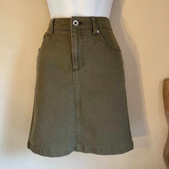 Izod olive green denim mini skirt size 6 flex comfort waistband vintage style - Picture 1 of 5